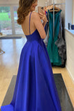 solvbao Blue V-Neck Satin Long Prom Dresses, Simple Evening Party Dresses