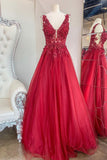 solvbao Red V-Neck Tulle Lace Long Prom Dresses, A-Line Red Evening Party Dresses