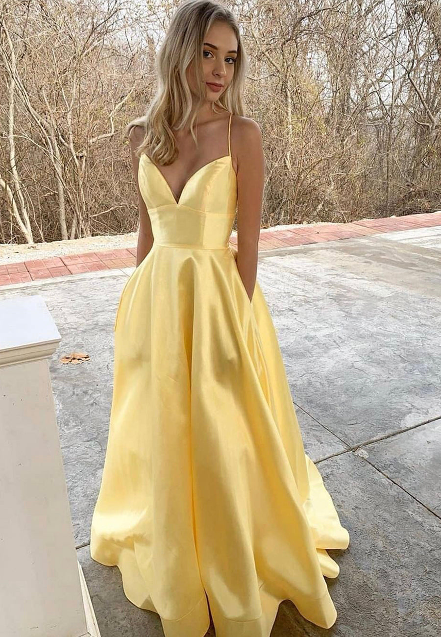 solvbao Yellow Satin Long Prom Dresses, A-Line Backless Evening Dresses