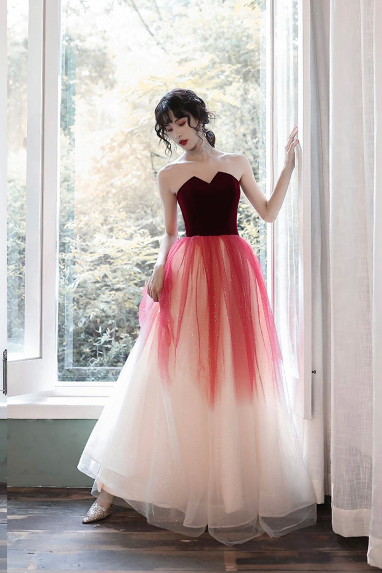 solvbao Burgundy Velvet Tulle Long Prom Dresses, A-Line Evening Dresses