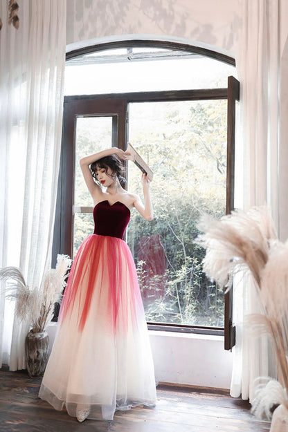 solvbao Burgundy Velvet Tulle Long Prom Dresses, A-Line Evening Dresses