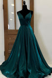 solvbao Green Satin Long Prom Dresses, Simple V-Neck Evening Dresses