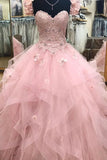 solvbao Pink Strapless Lace Long Prom Dresses, A-Line Evening Sweet 16 Dresses