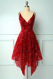 solvbao Burgundy Lace V-Neck Short Prom Dress, A-Line Irregular Hem Party Dress