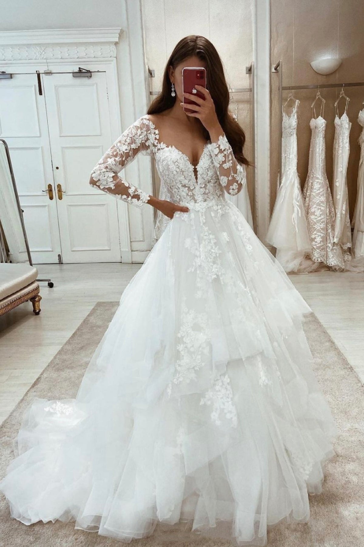 solvbao White Lace Long Prom Dresses, Long Sleeve Evening Dresses