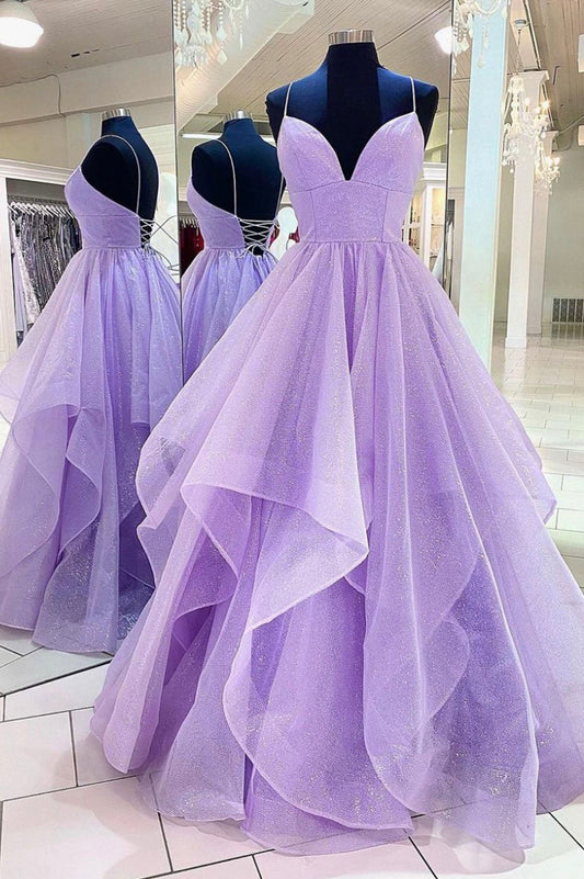 solvbao Purple A-Line Tulle Long Prom Dresses, Purple Party Evening Gowns