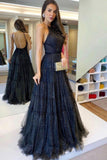 solvbao Black Tulle Long Prom Dresses, A-Line Backless Evening Dresses