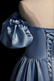 solvbao Cute Satin Long Prom Dresses, Blue Short Sleeve A-Line Evening Dresses