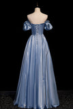 solvbao Cute Satin Long Prom Dresses, Blue Short Sleeve A-Line Evening Dresses