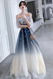 solvbao Blue Tulle Sequins Long Prom Dresses, A-Line Off the Shoulder Party Dresses