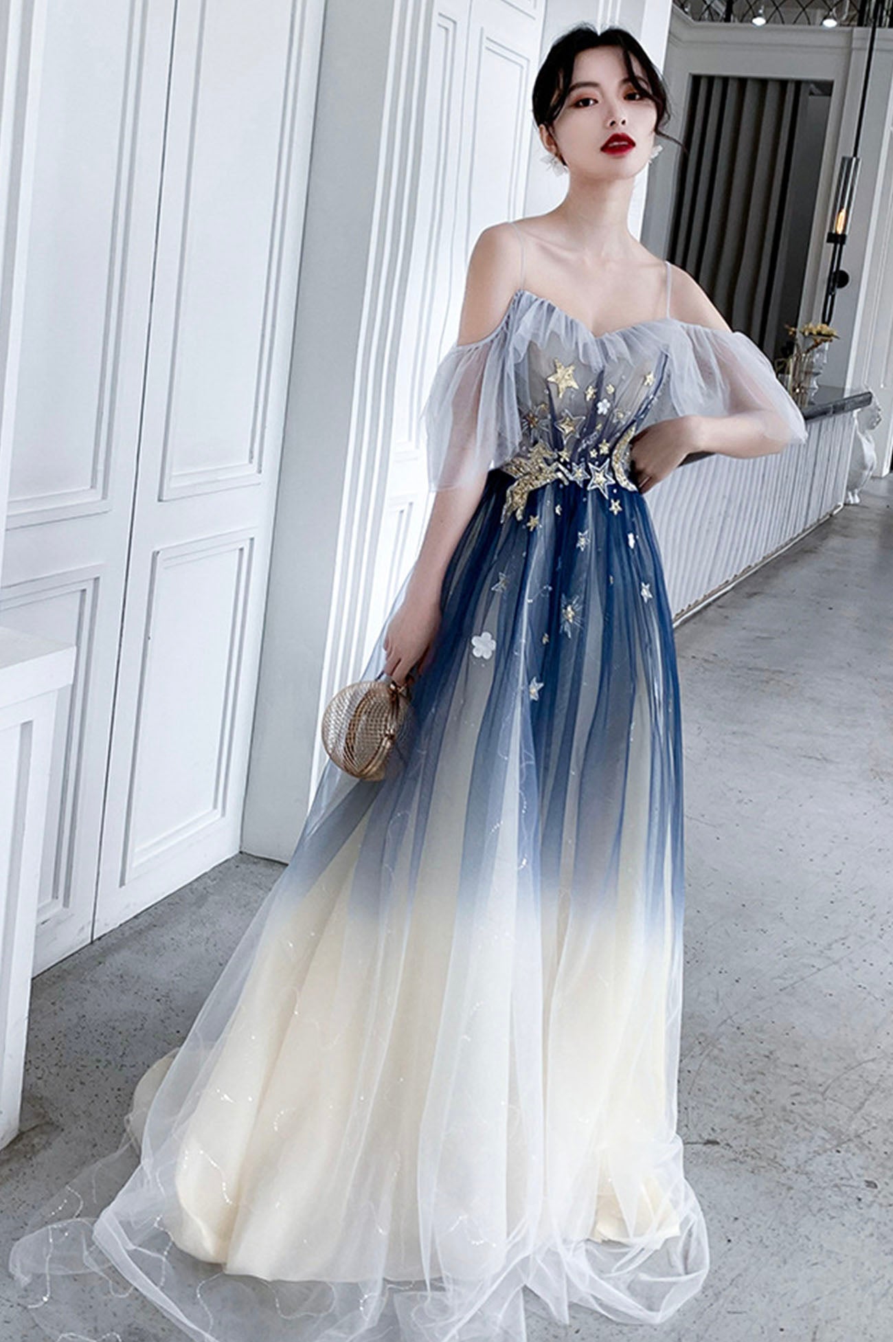 solvbao Blue Tulle Sequins Long Prom Dresses, A-Line Off the Shoulder Party Dresses