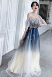 solvbao Blue Tulle Sequins Long Prom Dresses, A-Line Off the Shoulder Party Dresses