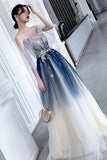 solvbao Blue Tulle Sequins Long Prom Dresses, A-Line Off the Shoulder Party Dresses