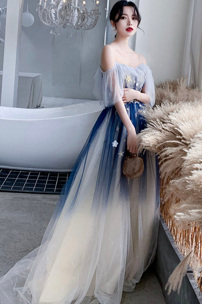 solvbao Blue Tulle Sequins Long Prom Dresses, A-Line Off the Shoulder Party Dresses