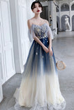 solvbao Blue Tulle Sequins Long Prom Dresses, A-Line Off the Shoulder Party Dresses