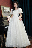 solvbao White Tulle Short Sleeve Prom Dress, Cute A-Line Evening Dress