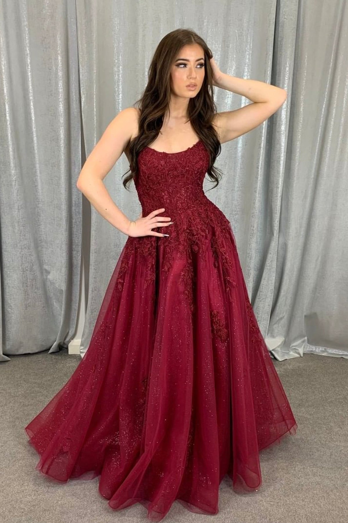 solvbao Burgundy Lace Long Prom Dresses, A-Line Evening Dresses