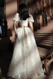 solvbao White Tulle Short Sleeve Prom Dress, Cute A-Line Evening Dress