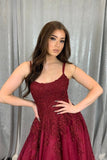 solvbao Burgundy Lace Long Prom Dresses, A-Line Evening Dresses