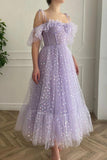 solvbao Purple Tulle Short Prom Dresses, A-Line Off the Shoulder Evening Dresses