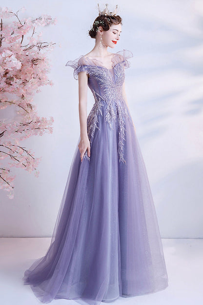 solvbao Purple Tulle Sequins Prom Dresses, A-Line Off the Shoulder Evening Dresses