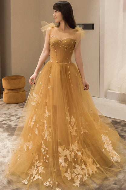 solvbao Yellow Tulle Lace Long Prom Dresses, A-Line Evening Gowns