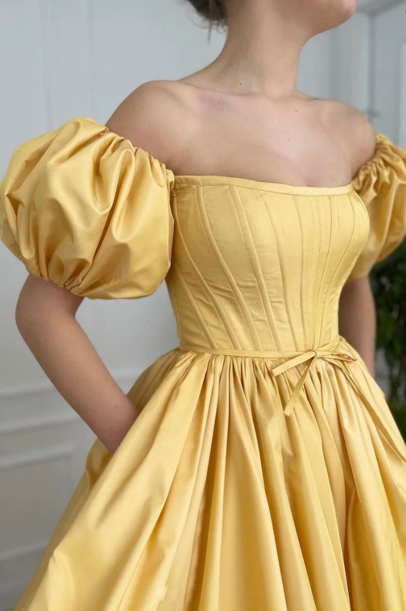 solvbao Yellow Satin Long Prom Dresses, A-Line Off the Shoulder Evening Dresses