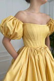 solvbao Yellow Satin Long Prom Dresses, A-Line Off the Shoulder Evening Dresses