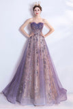 solvbao Purple Tulle Sequins Long Prom Dresses, A-Line Strapless Evening Dresses