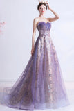 solvbao Purple Tulle Sequins Long Prom Dresses, A-Line Strapless Evening Dresses