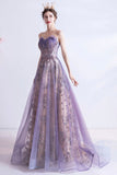 solvbao Purple Tulle Sequins Long Prom Dresses, A-Line Strapless Evening Dresses