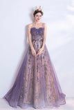 solvbao Purple Tulle Sequins Long Prom Dresses, A-Line Strapless Evening Dresses