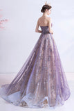 solvbao Purple Tulle Sequins Long Prom Dresses, A-Line Strapless Evening Dresses