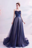 solvbao Blue Strapless Tulle Long Prom Dresses, A-Line Evening Dresses