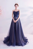 solvbao Blue Strapless Tulle Long Prom Dresses, A-Line Evening Dresses