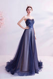 solvbao Blue Strapless Tulle Long Prom Dresses, A-Line Evening Dresses