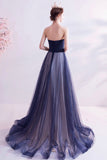 solvbao Blue Strapless Tulle Long Prom Dresses, A-Line Evening Dresses