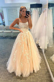 solvbao Cute Lace Long Prom Dresses, Spaghetti Strap Backless Party Dresses