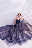 solvbao Blue Strapless Tulle Long Prom Dresses, A-Line Evening Dresses