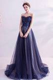 solvbao Blue Strapless Tulle Long Prom Dresses, A-Line Evening Dresses