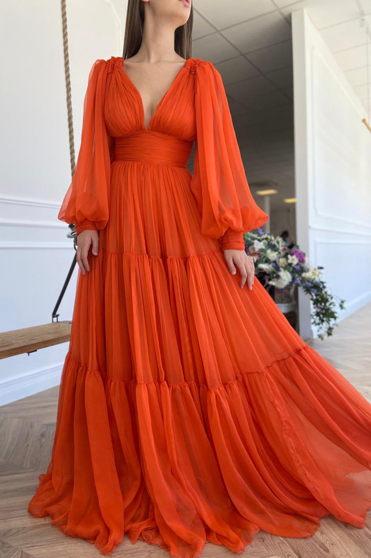 solvbao A-Line Chiffon Long Sleeve Prom Dress, Orange V-Neck Evening Dress