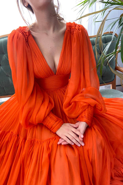 solvbao A-Line Chiffon Long Sleeve Prom Dress, Orange V-Neck Evening Dress