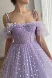 solvbao Purple Tulle Short Prom Dresses, A-Line Off the Shoulder Evening Dresses