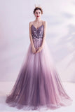 solvbao Purple Tulle Sequins Long Prom Dresses, A-Line Evening Dresses