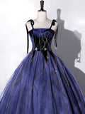 solvbao Blue Velvet Tulle Long Prom Dress, A-Line Evening Party Dress