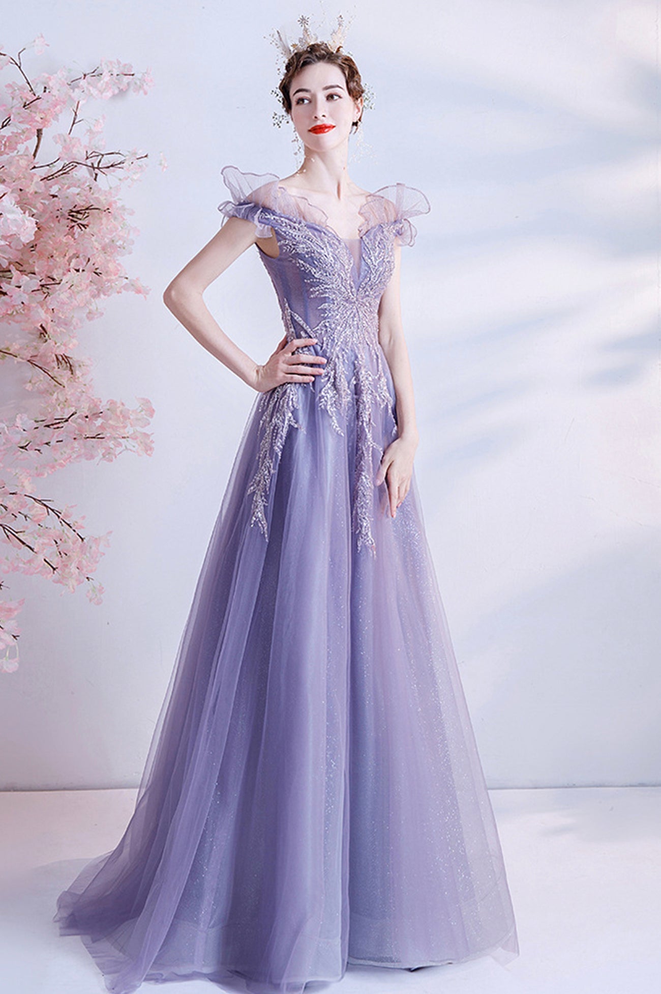 solvbao Purple Tulle Sequins Prom Dresses, A-Line Off the Shoulder Evening Dresses