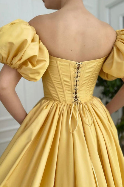 solvbao Yellow Satin Long Prom Dresses, A-Line Off the Shoulder Evening Dresses