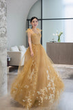 solvbao Yellow Tulle Lace Long Prom Dresses, A-Line Evening Gowns