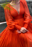 solvbao A-Line Chiffon Long Sleeve Prom Dress, Orange V-Neck Evening Dress