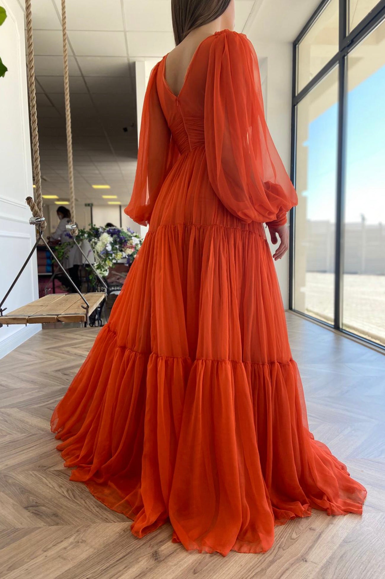 solvbao A-Line Chiffon Long Sleeve Prom Dress, Orange V-Neck Evening Dress